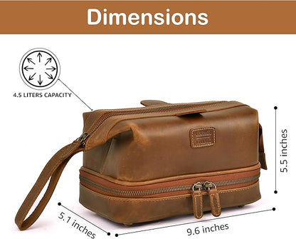 LEATHER VILLAGE Genuine Leather Dopp Kit – Large Travel Toiletry Bag with Waterproof Lining, Dual-Zip Design for Men & Women, Organizer for Shaving, Makeup & Essentials - Tan