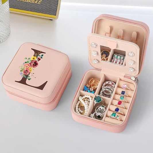 Parima Gifts for Women - Personalized Birthday Gifts, Initial Travel Jewelry Case Jewelry Box for Woman Jewelry Organizer - Letter L, Pink