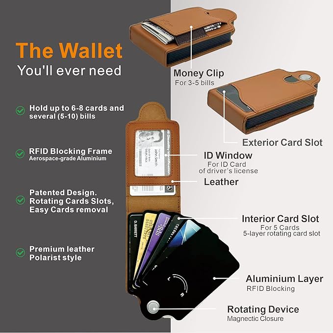 RFID Blocking Leather Wallet with Patented Rotating Card Holder – (5+3) 8 Card Slots, ID Window & Cash Pocket | Patented Anti-Theft Design (Brown)