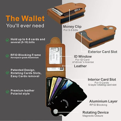 RFID Blocking Leather Wallet with Patented Rotating Card Holder – (5+3) 8 Card Slots, ID Window & Cash Pocket | Patented Anti-Theft Design (Brown)