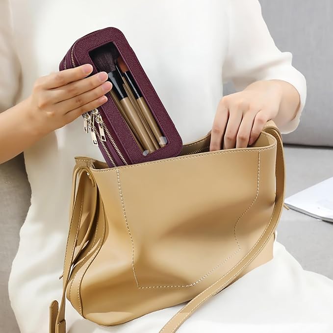 Pinkmik Double Layer Makeup Bag Makeup Brush Case Waterproof Travel Cosmetic & Toiletry Bag Purse Organizer and Car Essentials for Women (X/Burgundy, Double SLIM)