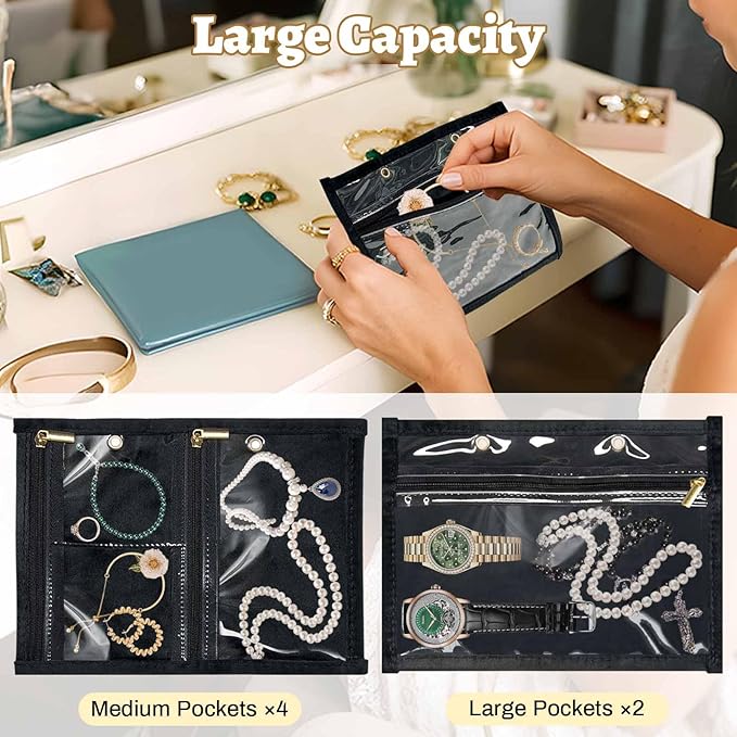 Travel Jewelry Organizer Case, Jewelry Storage Bag with Zipper Velvet Pockets, Portable Jewelry Case for Necklaces, Rings, Earrings, Bracelets