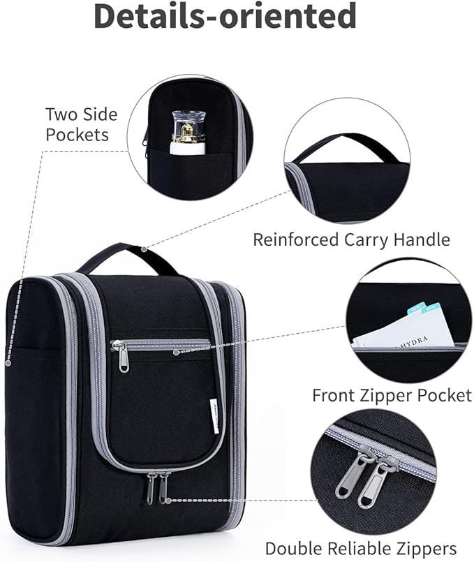 Narwey Small Hanging Travel Toiletry Bag Cosmetic Make Up Organizer for Women and Men (Medium, Black)