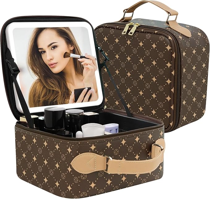 Travel Makeup Bag With 360° rotating LED Mirror,Waterproof cosmetic organizer,Portability Cosmetic case,Makeup organizer,Gift for Women,Girls Gift (Brown)
