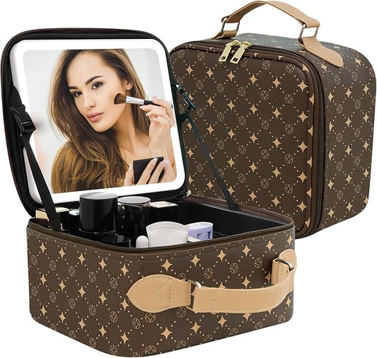 Travel Makeup Bag With 360° rotating LED Mirror,Waterproof cosmetic organizer,Portability Cosmetic case,Makeup organizer,Gift for Women,Girls Gift (Brown)