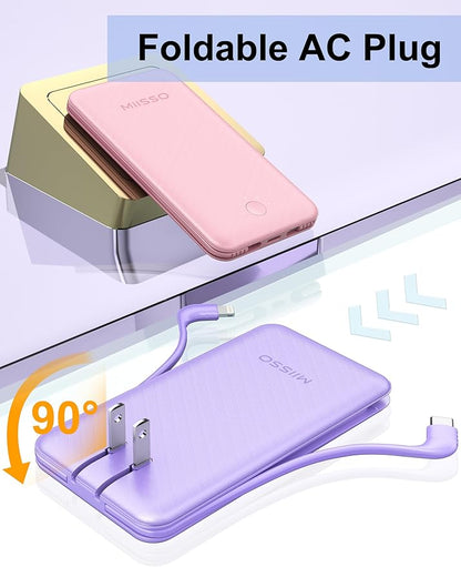 miisso Ultra Slim 10000mAh Power Bank Built-in Cables and Foldable AC Wall Plug, Pocket Size USB C Portable Charger, External Battery Pack Compatible with iPhone Samsung, 2 Pack Purple & Blue