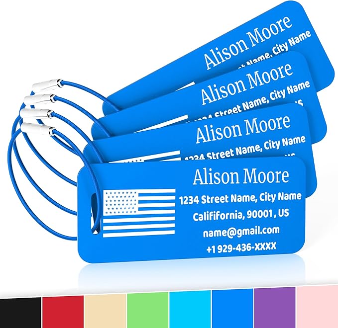 4 PCS Personalized Luggage Tags for Suitcases, Custom Aluminum Luggage Tags for Bags and Backpacks, Waterproof & Heavy Duty Personalized Metal Name Tags for Travel (Blue)