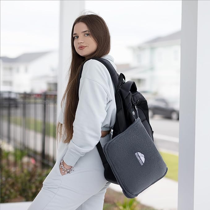 BlueHills Premium Soft Travel Blanket Pillow Airplane Flight Blanket Throw Bag Pillowcase Compact Large 2 in 1 Combo Warm Traveling Plane Essentials Portable Gifts Lightweight Grey Gray T007