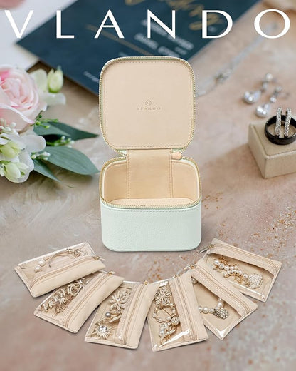 Vlando Travel Jewelry Box,Jewelry Travel Case with 6 Velvet Jewelry Zipper Pockets Travel Jewelry Organizer for Ring Bracelet Christmas Wedding Birthday Gifts for Wife Daughter Lake Blue