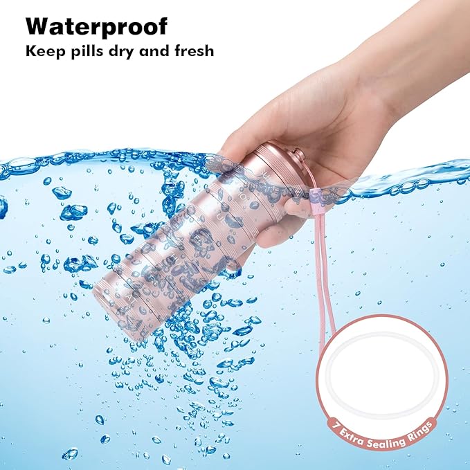 XHT Pink Weekly Metal Pill Organizer 7 Day 2 Times a Day – Aesthetic Waterproof AM PM Travel Pill Box, Heavy Duty Pill Holder and Medicine Pill Organizer for Vitamins, Fish Oil & Supplements