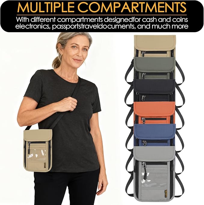 Travel Neck Wallet RFID Blocking – Hidden Passport Holder & Anti-Theft Money Pouch for Men & Women, Lightweight Concealed Undergarment Organizer with Adjustable Strap, Secure Document Holder