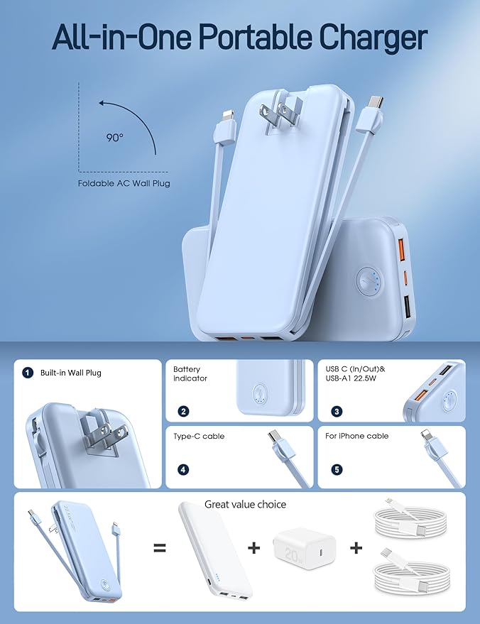 22.5W Super Fast Charging Portable Charger with Wall Plug,12000mAh USB-C Power Bank Built-in 2 Cable, Lightweight Phone Charger Travel Battery Pack for All iPhone, Samsung, Tablets