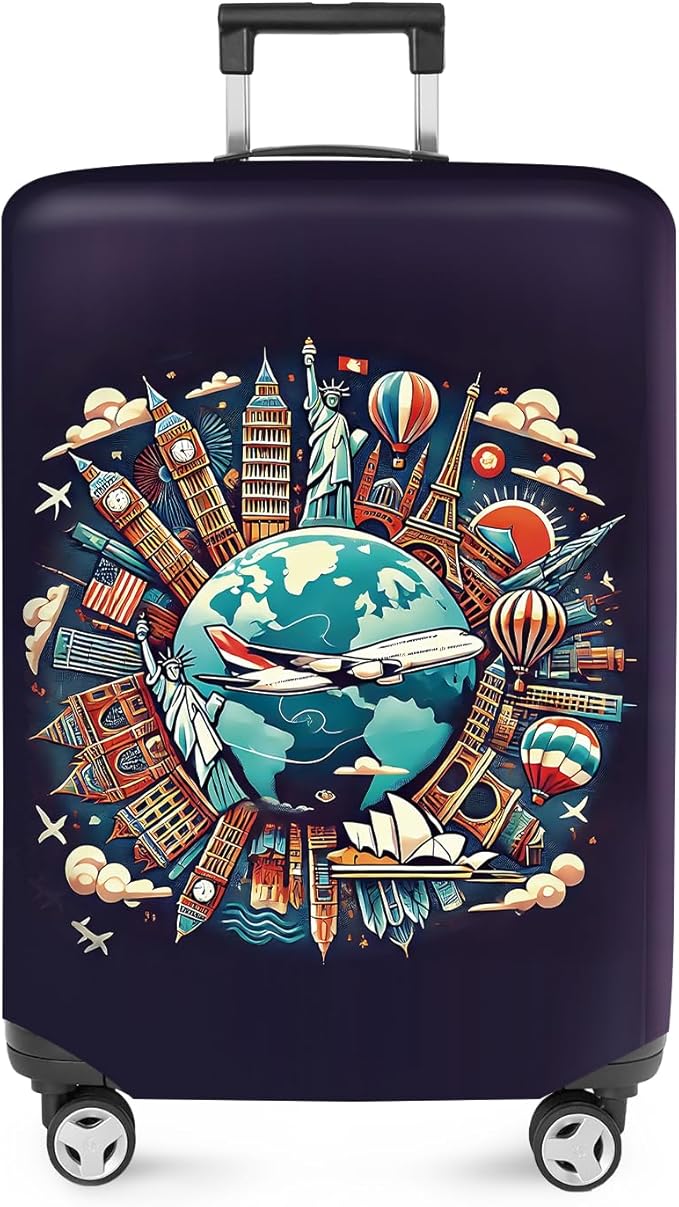 ANNA QUEEN World Landmarks Luggage Cover, Dark Travel-Themed Suitcase Protector with Airplane & Globe Design, Stretchable, Washable Luggage Sleeve for 24-26 Inch Suitcases