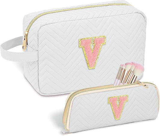 Personalized Initial Makeup Bag Trendy Stuff Leather Waterproof Cosmetic Bag Travel Toiletry Bag, Christmas/Thanksgiving/Halloween Gifts Makeup Organizer Case for Women Girls Mom Girlfriend Wife