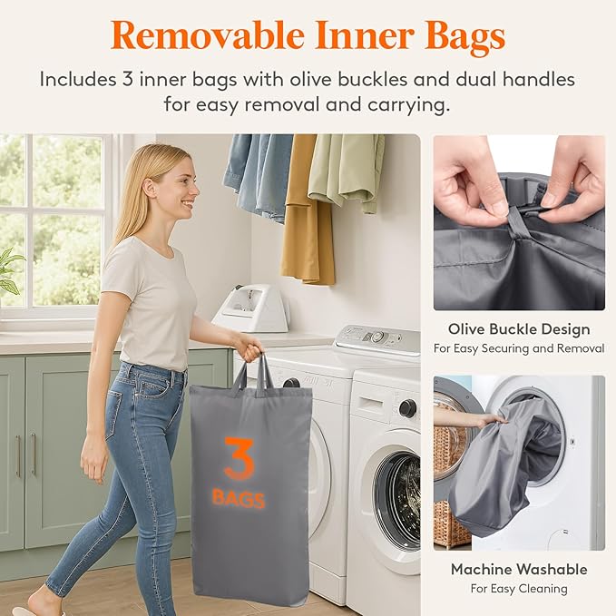 Lifewit 165L Laundry Basket with Lid, Large Laundry Hamper with Plastic Handles and Removable Bag, Foldable Tall Dirty Clothes Hampers for Laundry for Laundry Room, Bedroom, Bathroom, Dorm, Light Gray