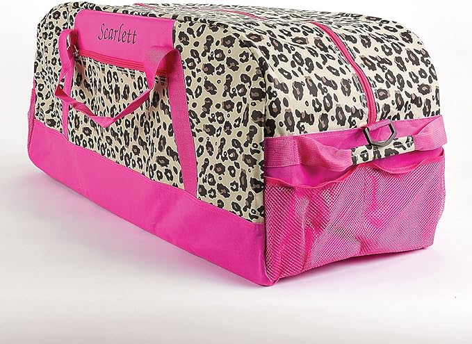 Lillian Vernon Personalized Duffel Bag for Kids, Roomy Pink Leopard Weekender With Front & Side Compartment, Customizable Girls Sports & Travel Bags With Custom Name, 13" x 15" x 30"W