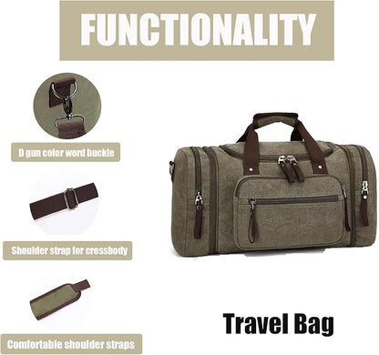 Travel bag large capacity men's luggage bag, expandable canvas leather 55 liters large capacity weekend hiking waterproof(green)