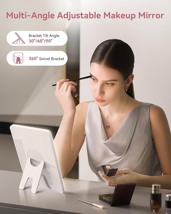 JUSRON Travel Makeup Bag With LED Mirror, Train Case with Light up Mirror, Portable Makeup Artist Organizer Bag with Adjustable Dividers, Makeup Brush Holder Storage (Pink, Large)