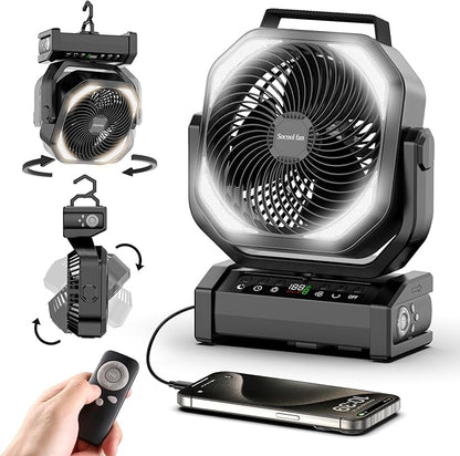 Socool Camping Fan with Light - 20000mAh Rechargeable Battery Fan, 112Hrs Max Run Time, 9 Speeds, Digital Display, Timer, Auto Oscillation, 270° Pivot & Hook for Camping, Power Outage, Hurricane