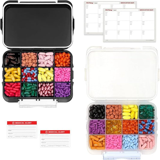2-Pack Large Pill Organizer – Black + Clear | 12-Compartment Weekly Pill Box Case with Removable Dividers, Waterproof, Travel-Friendly (Combo Pack - 1 Black & 1 Clear)