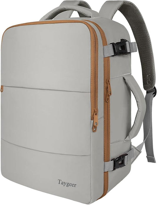 Taygeer 35L Carry On Travel Backpack for Women, Personal Item Backpack with USB Charging Port, Fits 15.6 Inch Laptop, Large Weekender Bag for Women Men Hiking Gift, Dark Brown Khaki