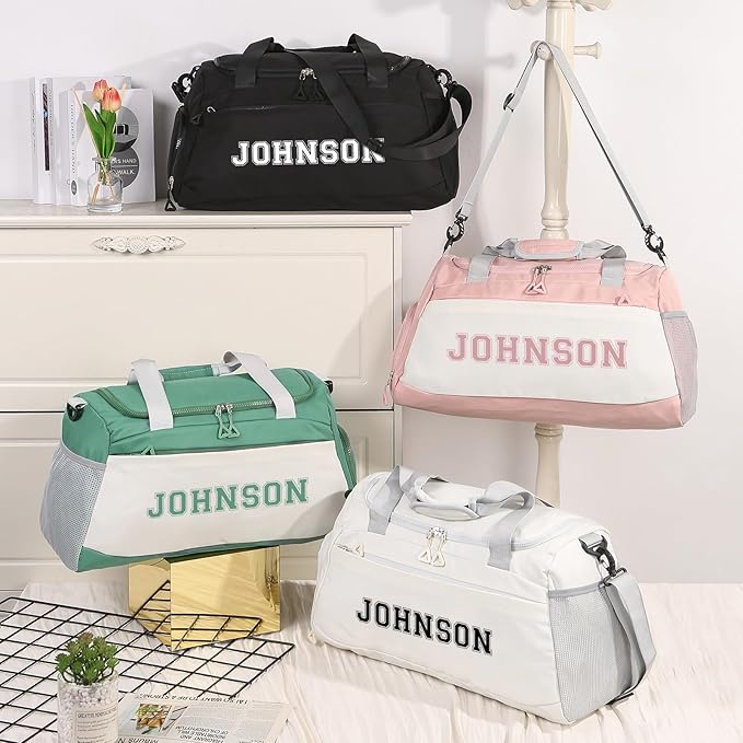 Personalized Duffel Bag Custom Sport Gym Travel Bags Embroidered Name Text Customized Dry Wet Separated Weekend Waterproof Bag for Women Men (A-White)