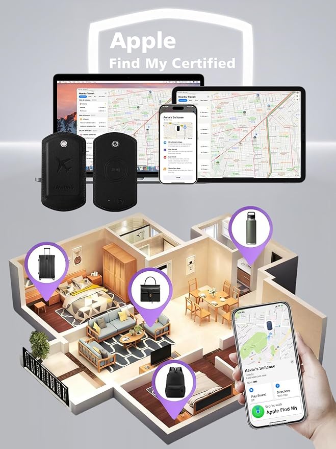 Luggage Tag with Tracker (iOS Only), Premium PU Leather Luggage Tags for Suitcase, Privacy Cover & ID Card Slot, Stainless Loop for Travel Bags, Backpack, Pet Carrier, Ideal Gadgets (Black)