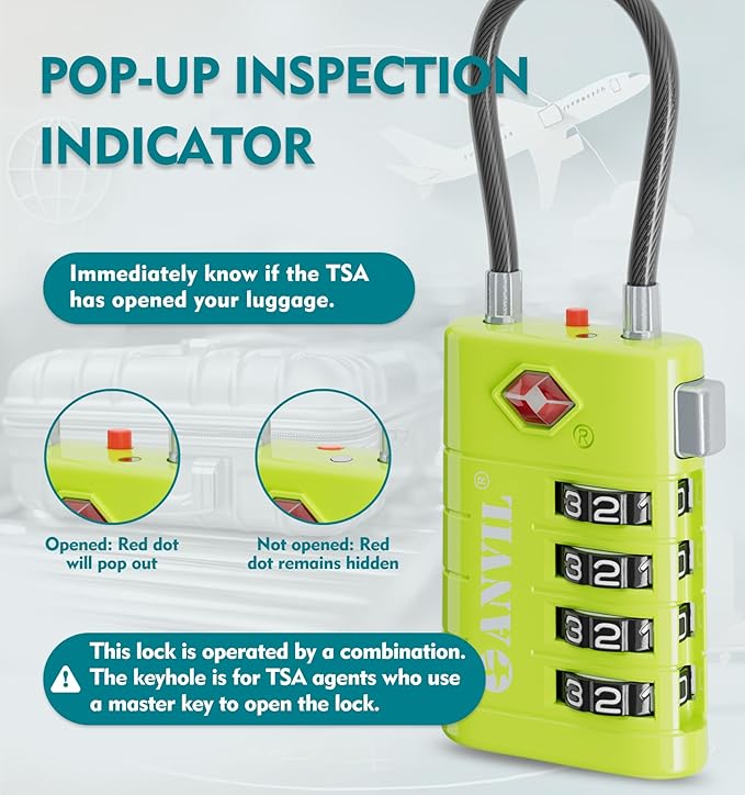 ANVIL 4 Digit Luggage Locks, TSA Locks for Luggage, Advanced TSA008 core, Alert Indicator for Your Travel Lock, Suitcase Lock. (3, Grass Green)
