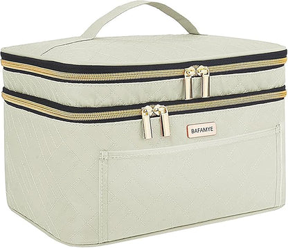 8.8L Double Layer Travel Makeup Bag Women, Large Cosmetic Case, Organizer for Travel-Size Accessories Bottles, Brushes, and Skin Care Products, Beige 2.33 GAL