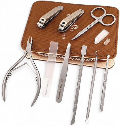 9 in 1 Professional Manicure Pedicure Set - Stainless Steel Nail Clippers, Nano File, Cuticle Nipper, Scissors, Tweezers, Travel PU Leather Case for Men & Women - Gift Ready Brown New