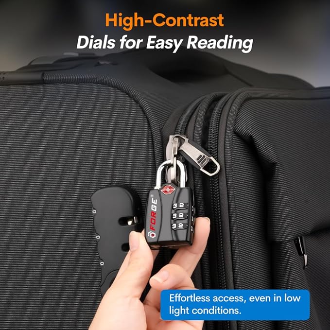 Forge TSA Approved Luggage Locks for School, Gym, Suitcase, Baggage, and Locker. Open Alert Indicator, Easy Read Dials, Alloy Body. Matte Black, 2-Pack.