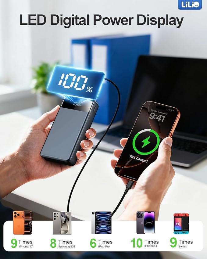 LILIO Portable Charger Power Bank，60,000mAh Battery Pack, 22.5W Power Bank Fast Charging with USB Cable, Phone Charger for iPhone 17/16/15/14/13 All Series/Samsung/Android, Camping Essentials, Grey