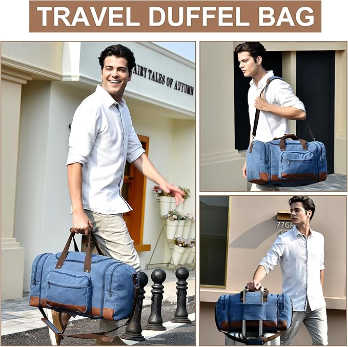 Litvyak Duffle Bag for Travel, 50L Canvas Travel Duffel Bags Overnight Weekend Gym Carry On Luggage Bag for Men & Womenn(Blue+Toiletry Bag)