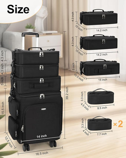Relavel Rolling Makeup Case, 4 in 1 Hairstylist Traveling Bag Cosmetology Case on Wheels Large Hair Tools Cosmetics Train Case Makeup Artist Storage Organizer Trolley Suitcase with 360° Swivel Wheels