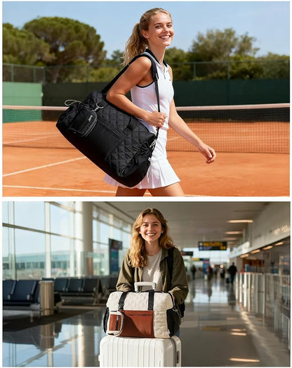 Kookoomia Puffer Gym Bag for Women, Quilted Weekender Bag for Travel, Lightweight Carry on Duffle for Sports Workout Dance Ballet Yoga Gymnastics Hospital with Wet Pocket, Black