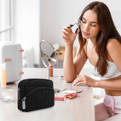 E-Tree Makeup Bag, Quilted Cosmetic Bag for Women, Puffer Make up Pouch for Purse,Travel Toiletry Organizer Case Black