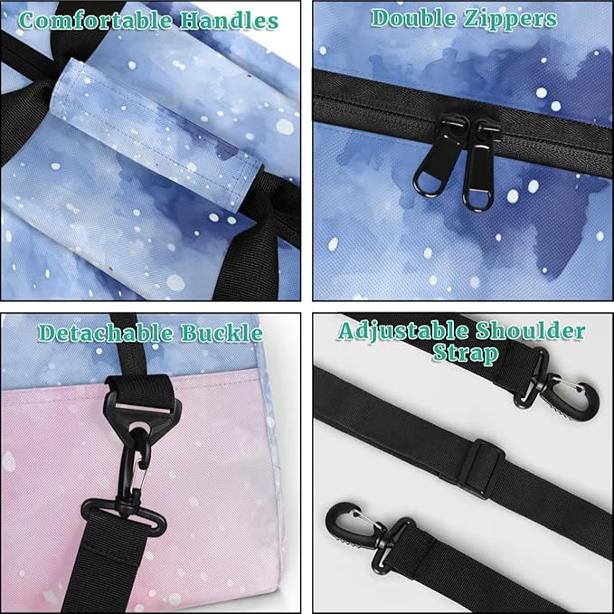 Personalized Kids Sports Duffel Bag with Name Custom Weekender Overnight Bag for Boys Girls Gym Bag Travel Dance Gymnastics Duffel Bag, Watercolor Nebula Pink Galaxy