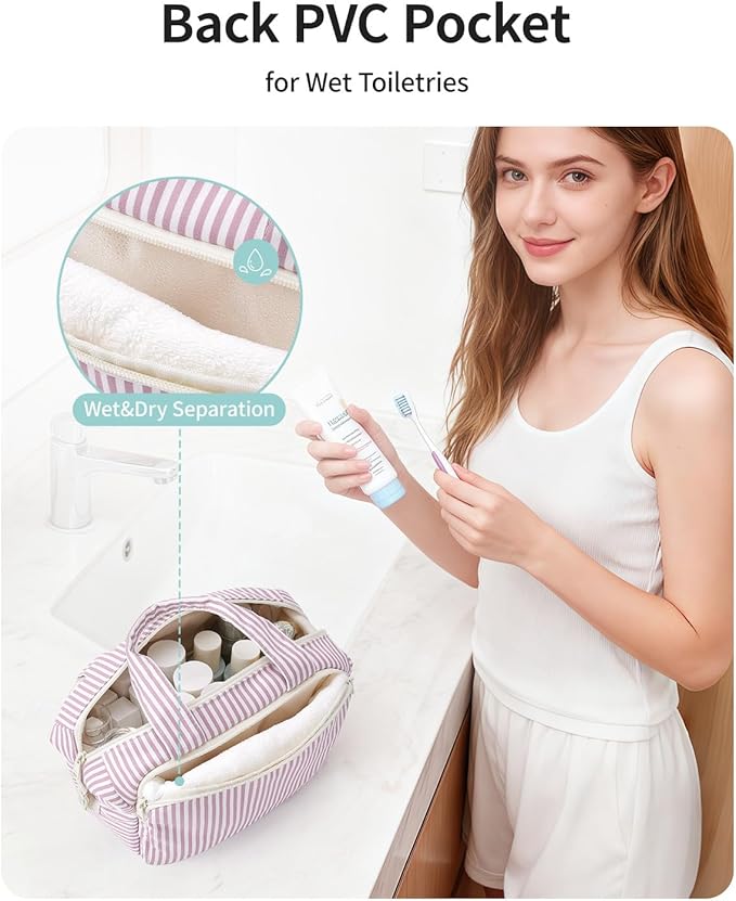 Narwey Travel Toiletry Bag, Wide-open Large Toiletry Bags for Traveling Women, Checkered Travel Bag for Toiletries Cosmetic Makeup Bag Organizer, Skincare Make Up Bag (Dusty Pink Stripe)