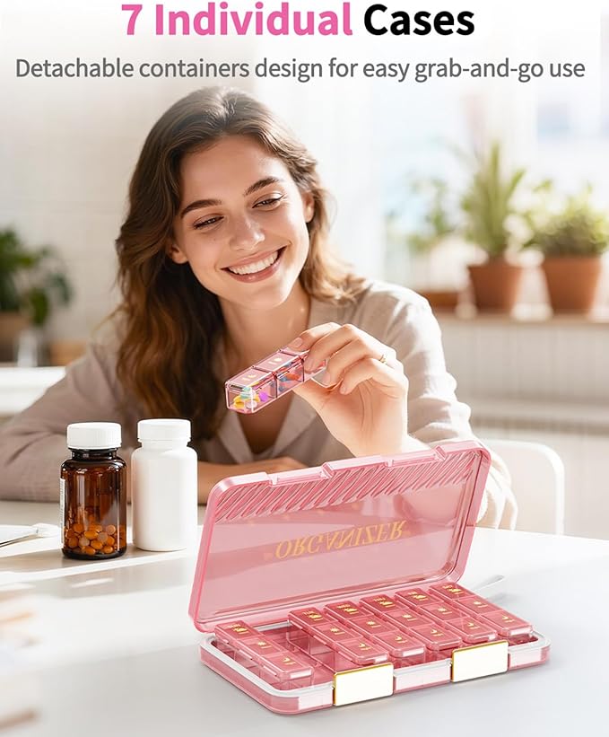 Pill Organizer 3X a Day, Large Weekly Pill Box 7 Day 3 Times a Day, Portable Travel Daily Pill Case Container for Medicine, Vitamin, Fish Oil and Supplement Storage Cute Pink