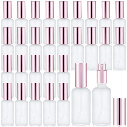 Roshtia 30 Pcs 1.69 oz/ 50 ml Rose Gold Glass Spray Bottle Refillable Perfume Atomizer Clear Decorative Empty Bottles with Fine Mist Sprayer Pump for Face Body Travel