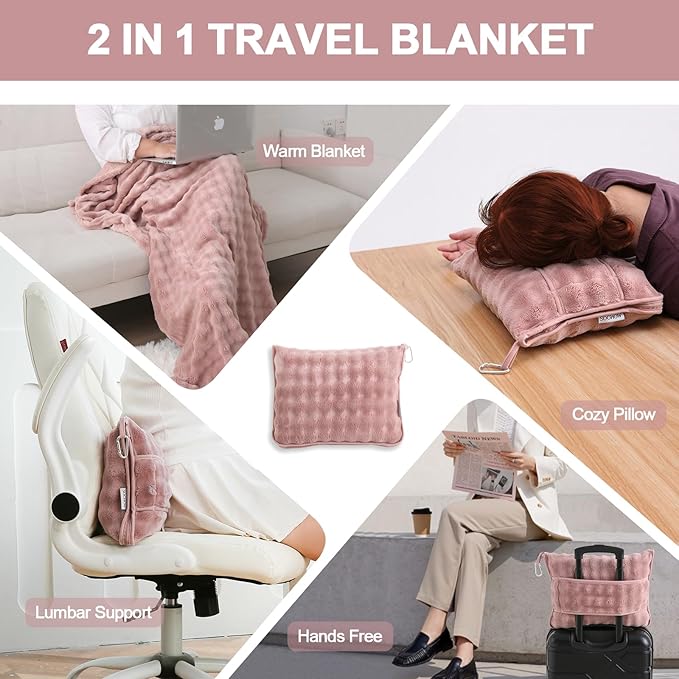 SOCHOW Travel Blanket for Airplane Train and Car, Soft Travel Blanket or Pillow 2 in 1 Compact with Portable Bag Pillowcase, Flight Blanket with Luggage Sleeve and Backpack Clip, Dusty Pink