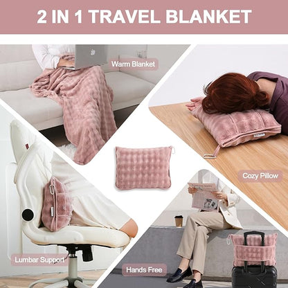 SOCHOW Travel Blanket for Airplane Train and Car, Soft Travel Blanket or Pillow 2 in 1 Compact with Portable Bag Pillowcase, Flight Blanket with Luggage Sleeve and Backpack Clip, Dusty Pink