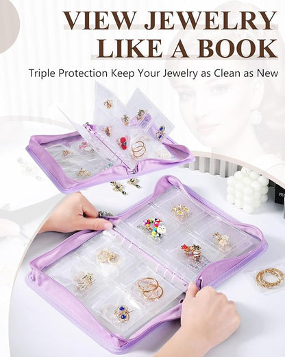 AOLEIXIYA Jewelry Organizer Book Clear Travel earring book organizer Transparent Jewelry Book with Zipper Pouch Bags (Purple,With 80 PCS Small Jewelry Bags)