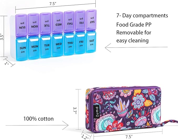 Weekly Pill Organizer 2 Times a Day, Zumd Pill Box 7 Day with Cute Quilted Fabric Zipper Case, Travel Pill Case Am Pm for Vitamin Medicine Organizer