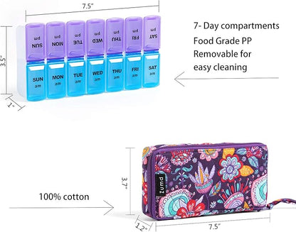 Weekly Pill Organizer 2 Times a Day, Zumd Pill Box 7 Day with Cute Quilted Fabric Zipper Case, Travel Pill Case Am Pm for Vitamin Medicine Organizer