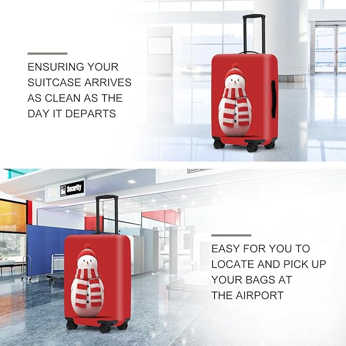 Snowman Christmas Luggage Cover - Red Background with Cute Snowman in Striped Scarf, Simple Stretchable Suitcase Cover 32 34 Inch
