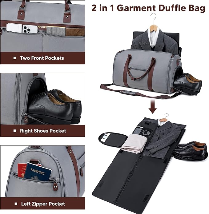 Carry On Garment Bags for Travel, Convertible Garment Duffle Bag for Men Women, 2 in 1 Suit Bag Travel Duffel Bag with Shoes Compartment & Detachable Shoulder Strap