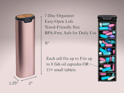 7 Day Pills Organizer Stylish Aluminum and Wood Weekly Pill Box for Medicine, Vitamins, and Supplements. Sleek, Durable & Compact Travel Case. (Pink)