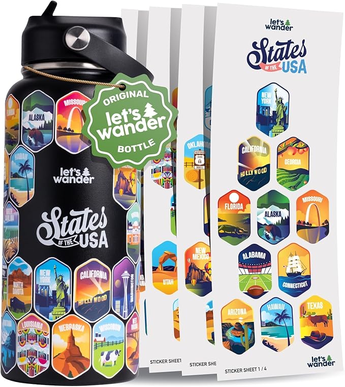 LET'S WANDER 50 States Water Bottle with Waterproof Stickers - 32oz Leakproof Insulated Stainless Steel with Straw - States of the USA Gift Bottle (Black)