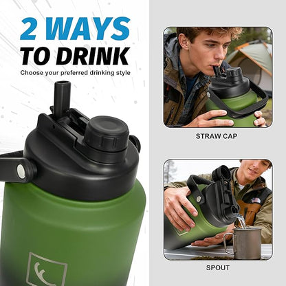 NATURE PIONEOR One Gallon Water Bottle Insulated - Large Double Vacuum Stainless Steel 128 oz Water Bottle with Holder/Carrier, 1 Gallon Water Jug 2 in 1 LID, Flip Straw and Spout, Wide Mouth